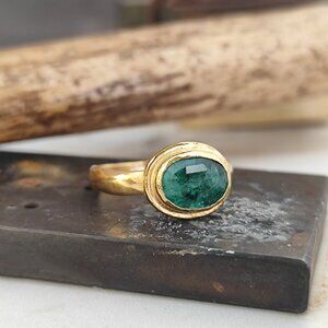 Emerald ring. 14K yellow gold ring with Green Emerald. unique handmade ring